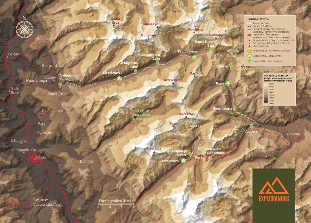 Topographic map of the Santa Cruz Trek in Peru’s Cordillera Blanca, highlighting the route, campsites, mountain passes, and surrounding peaks.